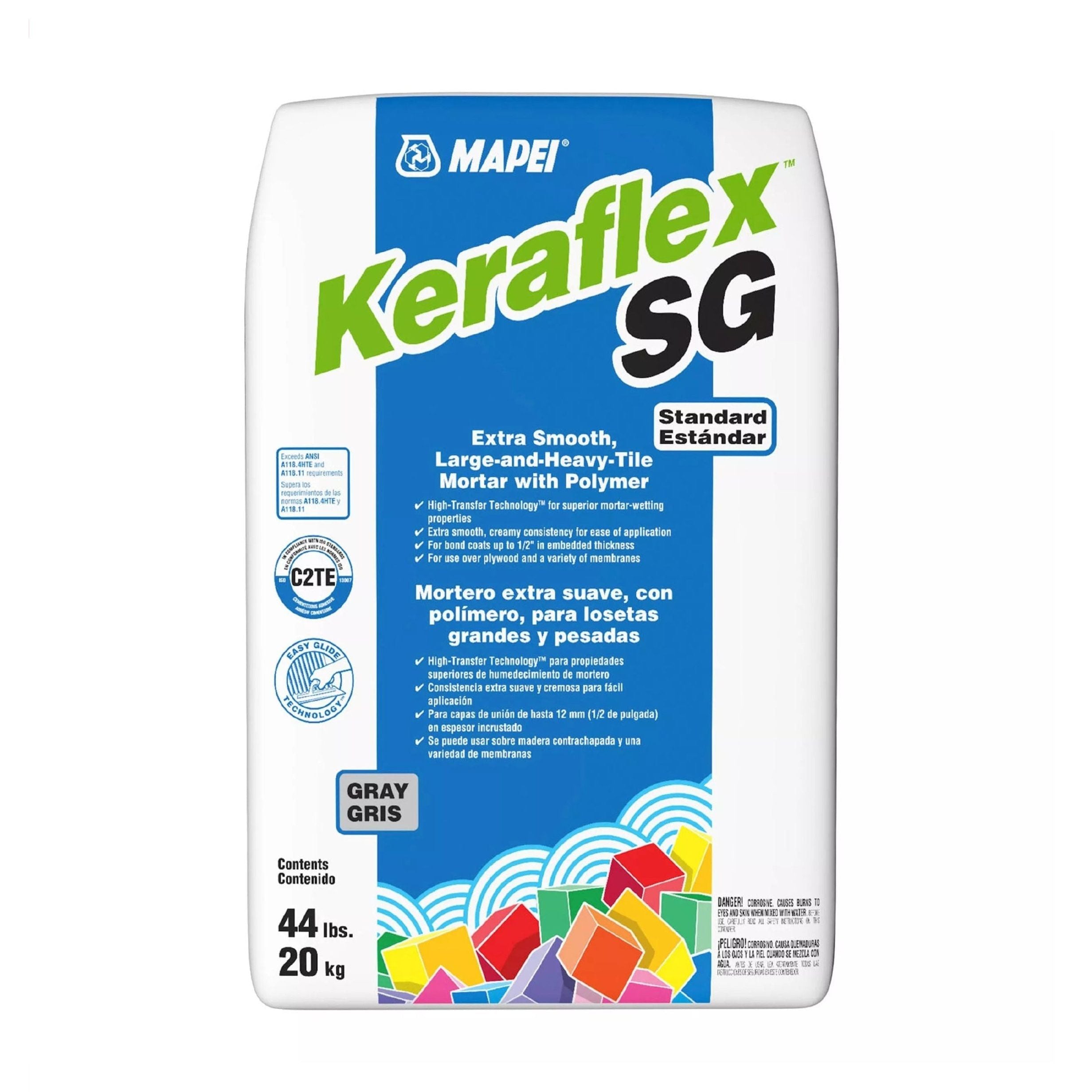 Package of MAPEI Keraflex SG Large-and-Heavy-Tile Mortar with Polymer, a gray 44 lb (20 kg) product designed for large-format tiles. The packaging is bilingual in English and Spanish, featuring colorful geometric shapes at the bottom.